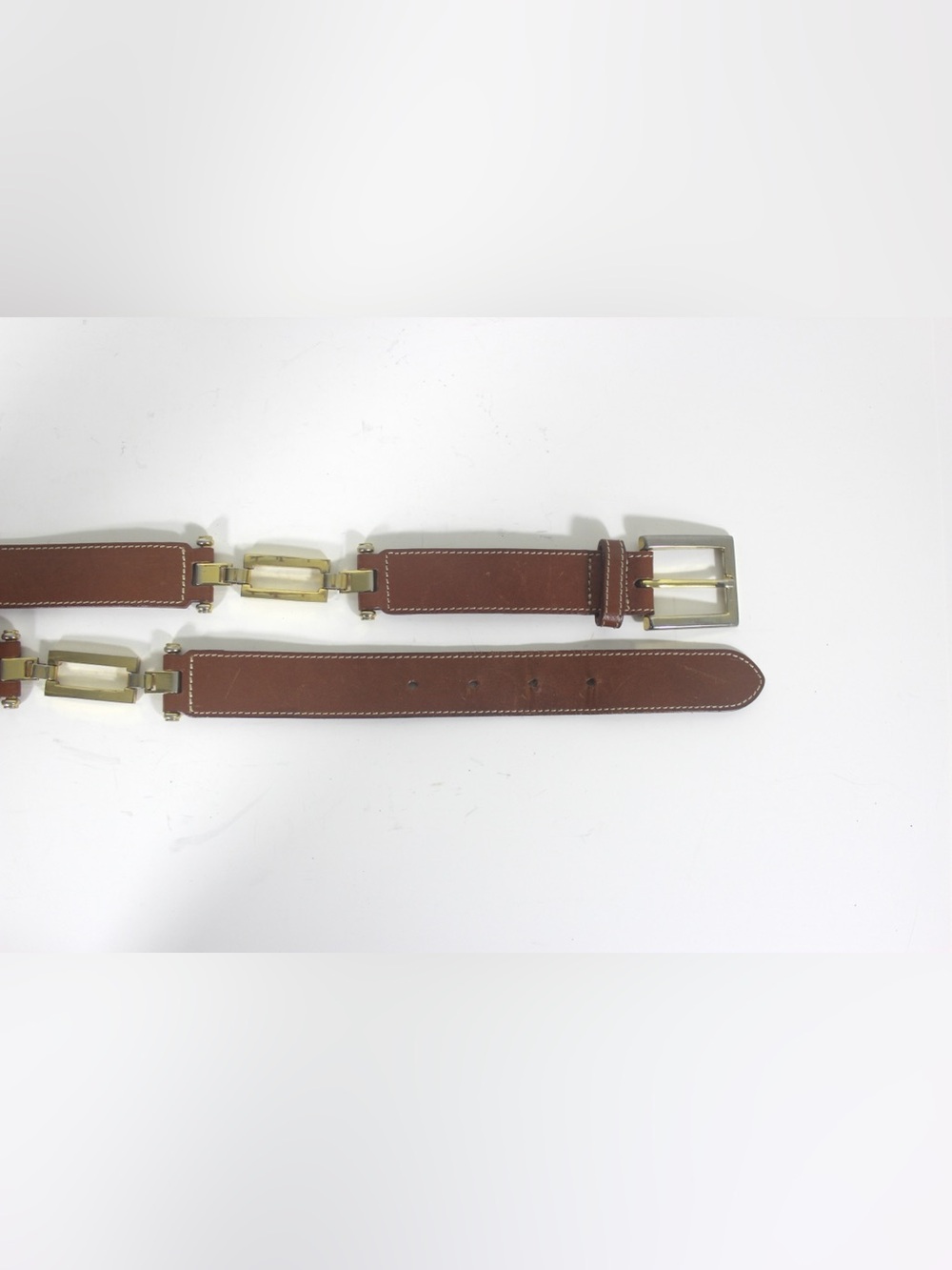 Vintage Tan Leather Belt with Gold Metal Links and Buckle